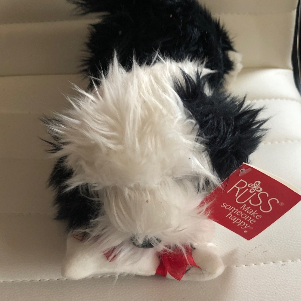 Russ Black and White Plush Puppy with Red Bow Accent
